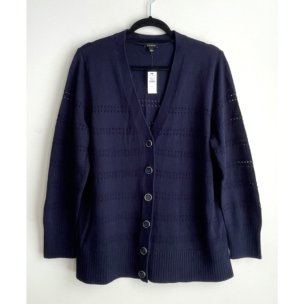 NWT Talbots Womens Size Large V-Neck Girlfriend Cardigan Navy Blue - Picture 2 of 6